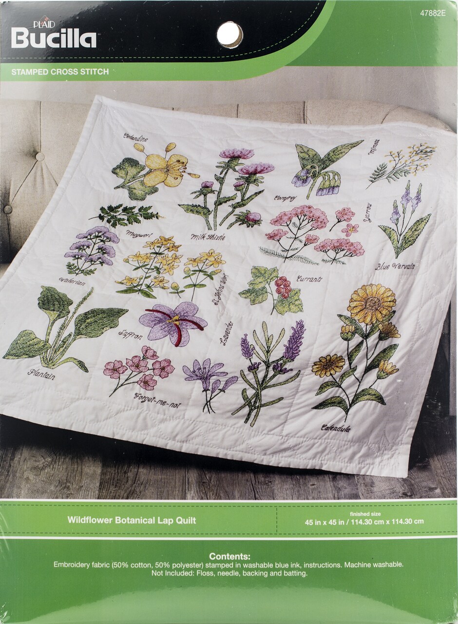Bucilla Stamped Cross Stitch Lap Quilt Kit 45"X45"-Wildflower Botanical